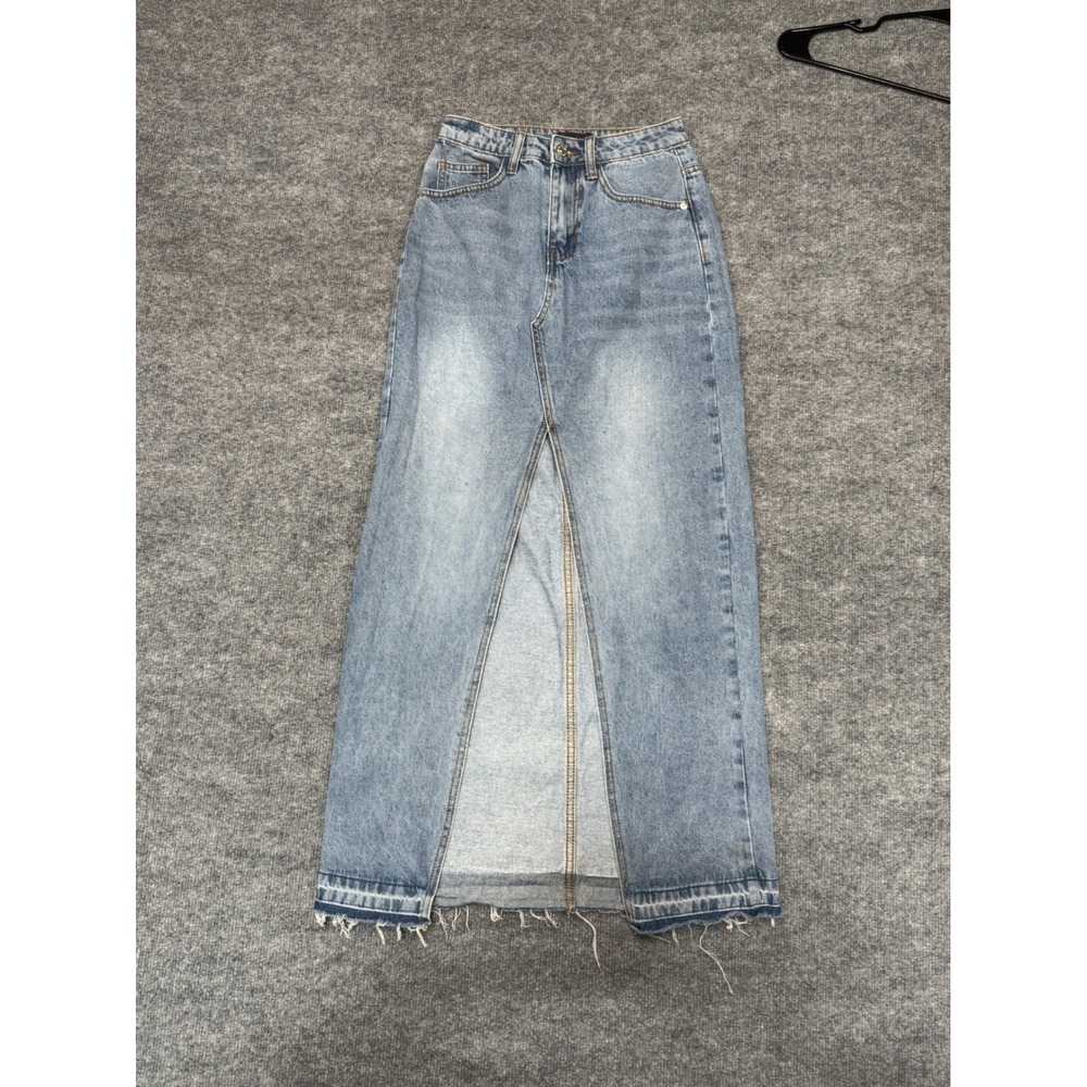 White Fox Womens XS Light Wash Denim Maxi Skirt Front Slit Frayed Hem High Waist